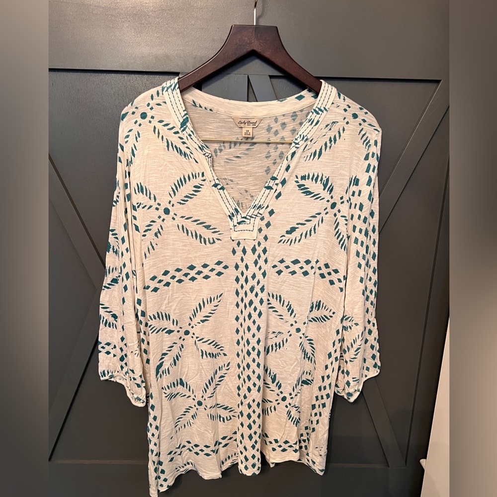 Lucky Brand Cream and Green Tunic Top